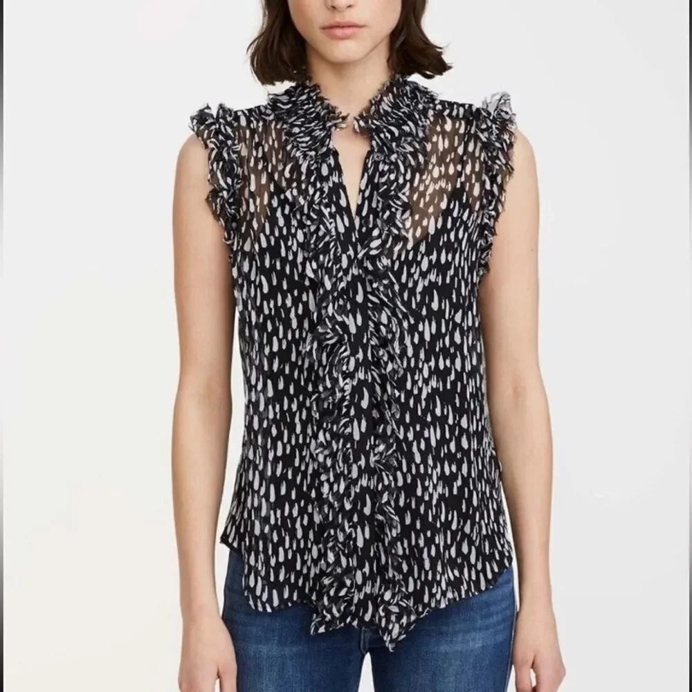 7 For All Mankind Sleeveless Ruffle Neck Front Blouse In Black White Size L